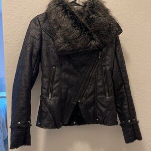 Guess Faux Fur Black Bomber Jacket Size: XS